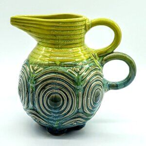Anthropologie Blue Green Glazed Double Handle Ceramic Jug Pitcher